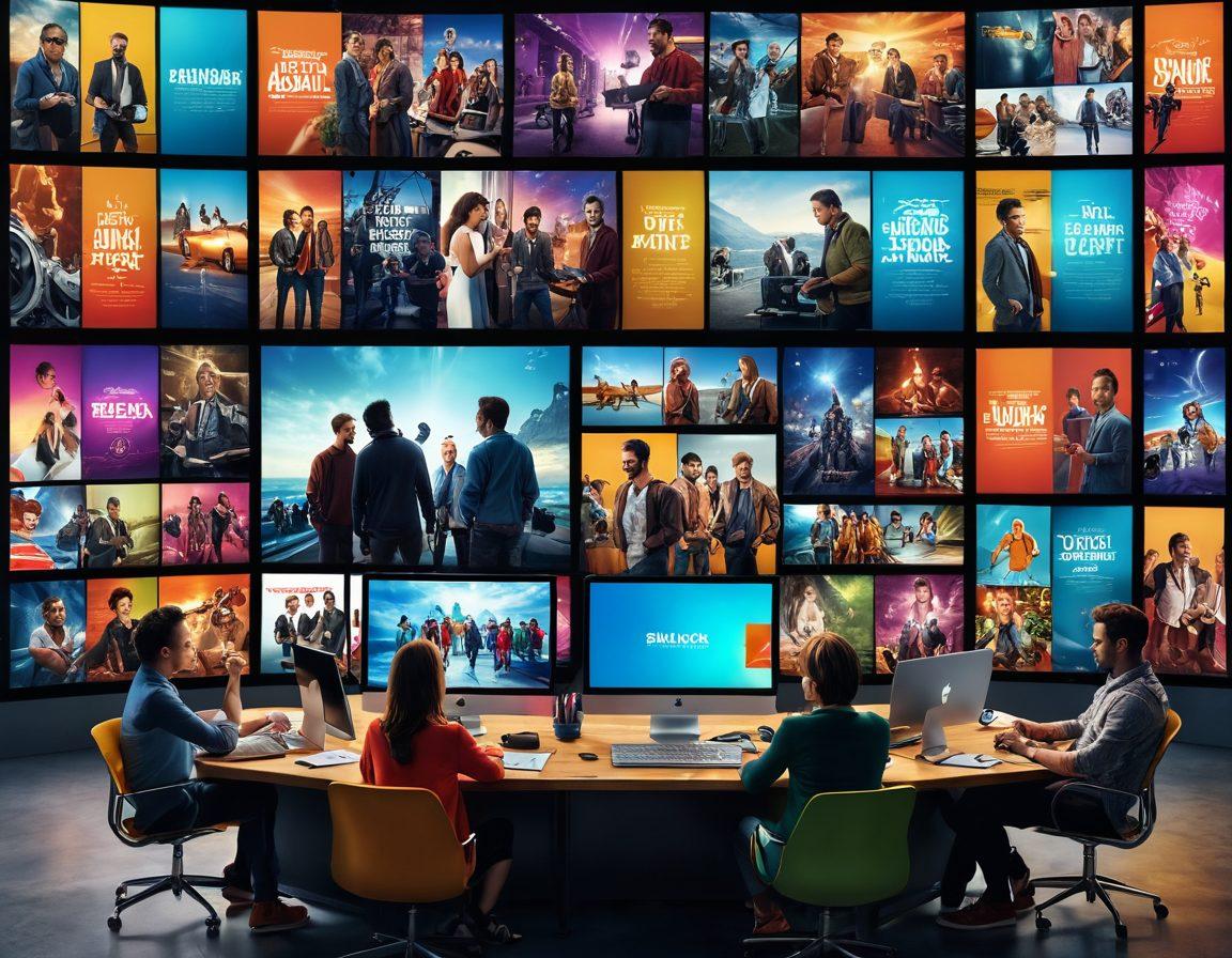 A dynamic outdoor scene depicting a diverse group of filmmakers and actors brainstorming ideas with a large film reel in the background, vibrant banners displaying new graphic content trends. In the foreground, laptops and devices show snippets of adult film scenes, symbolizing innovation and creativity. Bright colors highlight an atmosphere of excitement and exploration. super-realistic. vibrant colors. 3D.