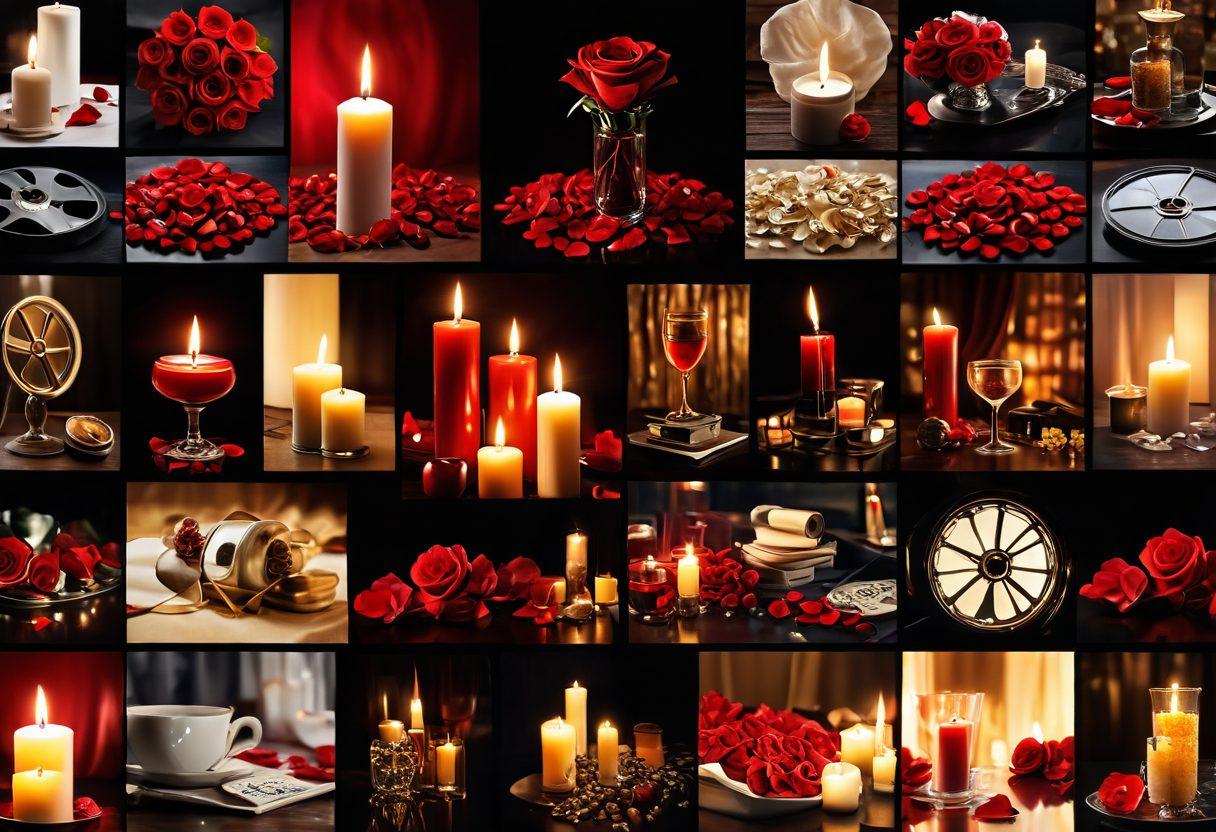 A visually striking collage showcasing iconic scenes from diverse adult film genres, blending elegance and allure. Include symbolic elements such as film reels, red rose petals, and soft candlelight, emphasizing intimacy and sophistication. The background should feature a blurred film set to evoke a sense of mystery and intrigue. super-realistic. vibrant colors. cinematic lighting.